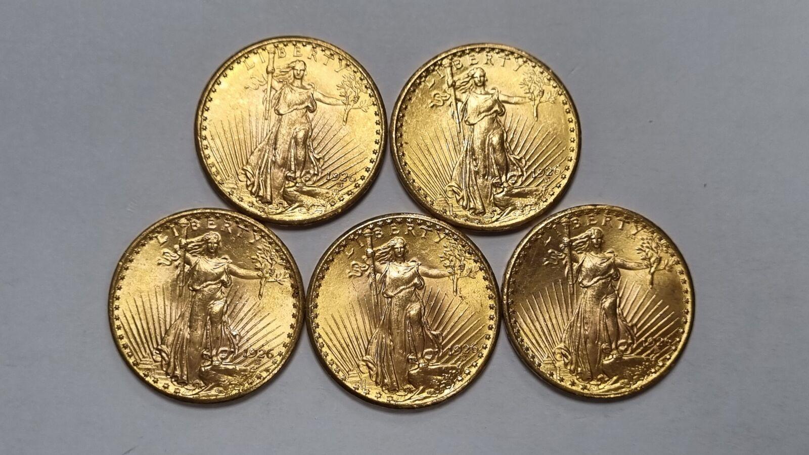 Lot de 5 pièces de 20 dollars américains en or 1926. / Adjugé 8300€ soit 10 043€TTC